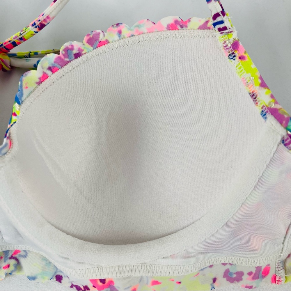 Victoria's Secret Fabulous Padded Ruffle Trim Scalloped Colorful Bikini Top 34B - Picture 9 of 13